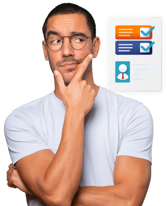 Man thinking and looking to his right at applicant checklist
