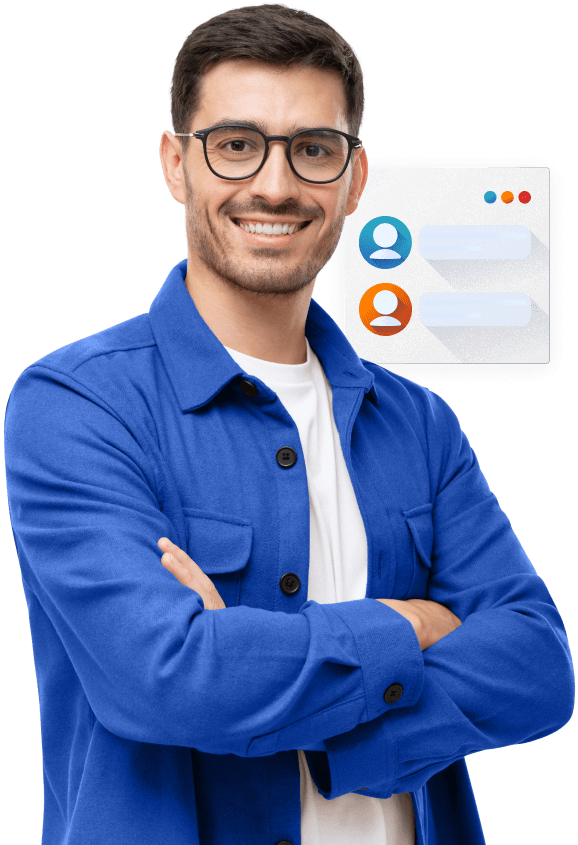 Business man standing with arms crossed in front of chat window