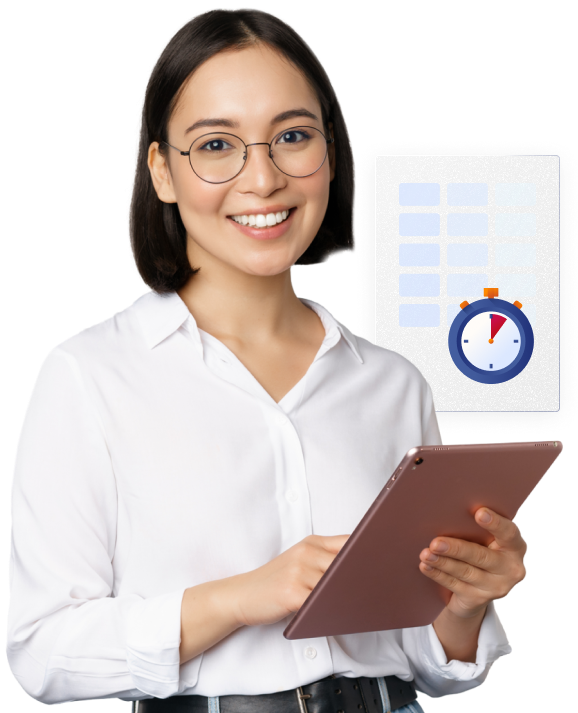 Woman wearing glasses holding tablet next to time sheet