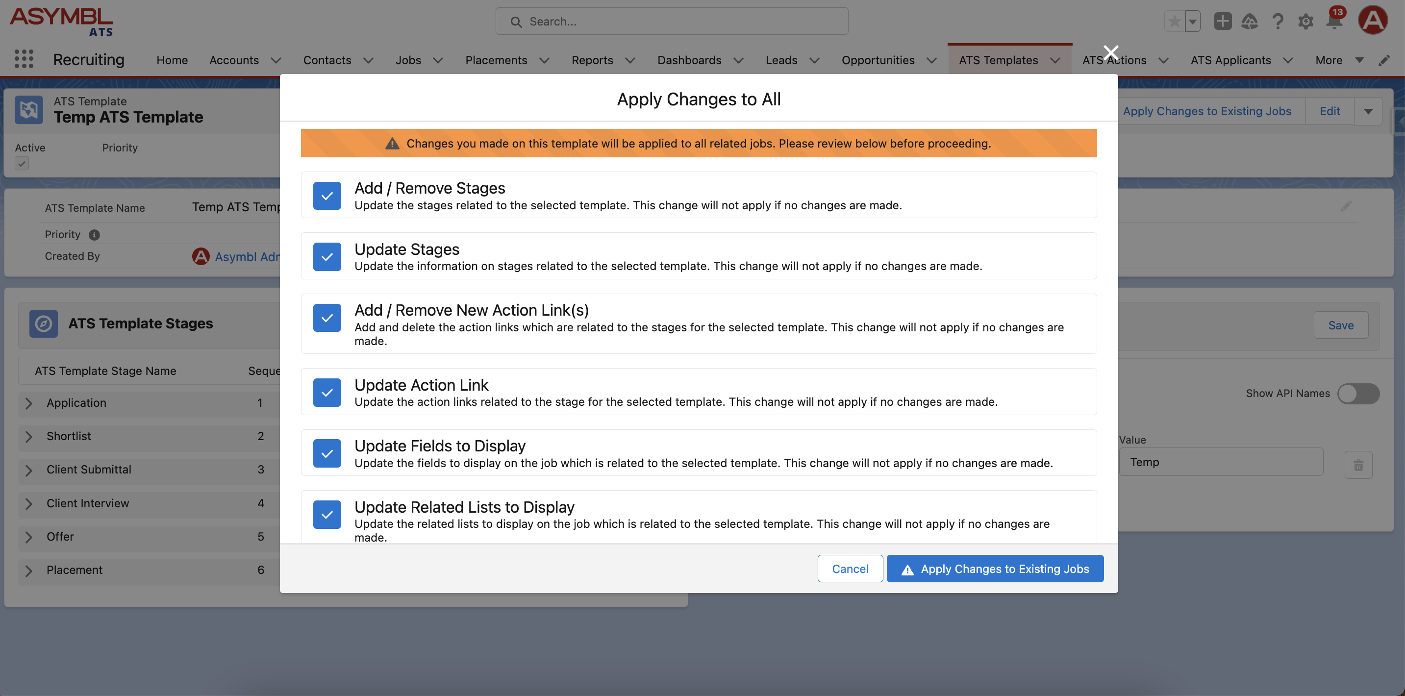 Asymbl ATS Bolt On Integration Options Apply Changes Screenshot