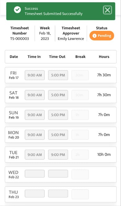 timesheet mobile view with success message